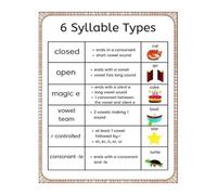 CZMDKEXM Reading Decoding Strategies Metal Sign Six Syllable Types Chart Multisyllabic Word Guide With Examples Phonics Teaching Resource For Classroom 8 X 12 in