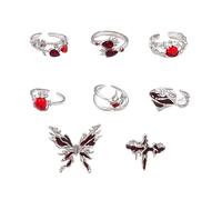 CZMZHFC 8 anillos góticos para mujer, juego de anillos de nudillos de plata vintage, anillo apilable de apertura ajustable, punk, mariposa, araña, cruz, corazón, piedra roja, anillo Y2K, joyería de