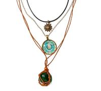 CZMZHFC Collares bohemios multicapa para mujer, gargantilla con colgante de sol de cristal verde y floral, collar étnico grueso, hecho a mano, joyería retro regalo para mujer