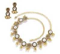 CZMZHFC Conjuntos de joyas indias para mujer, gargantilla oxidada estilo Bollywood, aretes Maang Tikka y Jhumka, delicado juego de joyas de boda, regalos tradicionales de templo nupcial para mujer