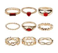 CZMZHFC Juego de 9 anillos de oro con anillos rojos para mujer, corazón de cristal apilable, anillos de dedo de cadena, bonitos accesorios de joyería para nudillos