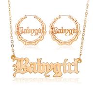 CZMZHFC Juego de collar y aretes de los años 90 para mujer, aretes de aro de bambú de oro estilo hip hop, collar con colgante de letra inglesa antigua, accesorios de disfraz de los años 80/90, regalos