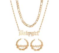 CZMZHFC Juego de collar y aretes de los años 90 para mujer, aretes de aro de bambú de oro estilo hip hop, collar con colgante de letra inglesa antigua, accesorios de disfraz de los años 80/90, regalos