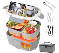 Czoele 80W Fiambrera Eléctrica 3 en 1 Calentador de Comida Portatil 12V 24V 220V para Coche Camión y Trabajo Fiambrera Termica Termo Comida Caliente Acero Inoxidable 1.5L Tartera Eléctrica Portatil