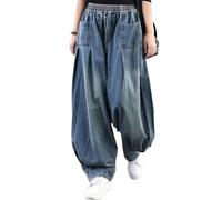 CzooM Pantalones casuales para mujer con forma de globo, pierna ancha, cintura media, pantalones vaqueros Y2k sueltos con bolsillos (Color : Blue, Size : L)