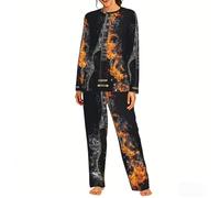Czqdp Conjunto de camisón y Pijama de Dos Piezas para Mujer con Bolsillos, Ropa de Dormir, Guitarra acústica fría en Llamas,One Size,L