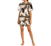 Czqdp Conjunto de Dos Piezas para Mujer con Mangas Cortas y Pantalones Cortos, Ropa de Estar por casa con Bolsillos, Cavalier King Charles Spaniel Cachorros pequeños,One Size,M