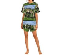 Czqdp Conjunto de Dos Piezas para Mujer con Mangas Cortas y Pantalones Cortos, Ropa de Estar por casa con Bolsillos, Talla pequeña, Estampado Donkey Meadows.,One Size,L