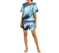 Czqdp Conjunto de Dos Piezas para Mujer con Mangas Cortas y Shorts, Ropa de Estar por casa con Bolsillos, Estampado Ocean Wave.,One Size,M