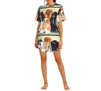 Czqdp Conjunto de Dos Piezas para Mujer con Mangas Cortas y Shorts, Ropa de Estar por casa con Bolsillos, Color Negro y Dorado Cavalier King Charles Spaniel.,One Size,M