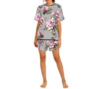 Czqdp Conjunto de Dos Piezas para Mujer con Mangas Cortas y Shorts, Ropa de Estar por casa con Bolsillos, Estilo Shabby Chic Vintage con Rosas y Tulipanes.,One Size,M