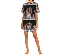 Czqdp Conjunto de Dos Piezas para Mujer con Mangas Cortas y Shorts, Ropa de Estar por casa con Bolsillos, Estampado de Cavalier King Charles Spaniel con Cachorros.,One Size,3XL