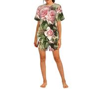 Czqdp Conjunto de Dos Piezas para Mujer con Mangas Cortas y Shorts, Ropa de Estar por casa con Bolsillos, Estilo Shabby Chic, Rosas victorianas Rosas.,One Size,XL