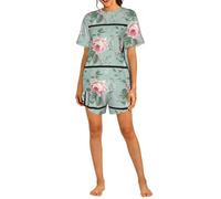 Czqdp Conjunto de Dos Piezas para Mujer con Mangas Cortas y Shorts, Ropa de Estar por casa con Bolsillos, Estilo Shabby Chic, Rosa, Rosa, Floral francés Vintage.,One Size,XL