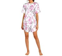 Czqdp Conjunto de Dos Piezas para Mujer con Mangas Cortas y Shorts, Ropa de Estar por casa con Bolsillos, Estilo Shabby Chic, Estampado Floral Rosa, Rosas pálidas y Blanco.,One Size,L