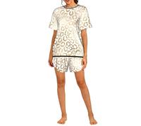 Czqdp Conjunto de Dos Piezas para Mujer con Mangas Cortas y Shorts, Ropa de Estar por casa con Bolsillos, Elegante Estampado de Leopardo y Guepardo en Dorado y Blanco.,One Size,M