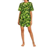 Czqdp Conjunto de Dos Piezas para Mujer con Mangas Cortas y Shorts, Ropa de Estar por casa con Bolsillos y Estampado de Coles de Bruselas Verdes.,One Size,XL