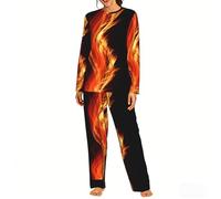 Czqdp Conjunto de Pijama de Dos Piezas para Mujer con Bolsillos, camisón y Estampado de Llamas de dragón.,One Size,L