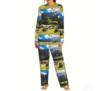 Czqdp Conjunto de Pijama de Dos Piezas para Mujer con Bolsillos, Estilo camisón, con Estampado de ovejas de Nariz Negra de los Alpes suizos de Valais y Animales de la Naturaleza.,One Size,L