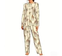 Czqdp Conjunto de Pijama de Dos Piezas para Mujer con Bolsillos y Estampado de Jirafa Dibujada a Mano.,One Size,L