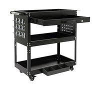 czyuRachel Carro de herramientas resistente, 3 niveles y 1 cajón con cerradura, agujero para colgar y caja de almacenamiento en el lateral, banco de trabajo con 4 ruedas (2 frenos), color negro