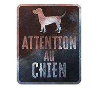 D&D Home, Panel de Aversión Atención al Perro, 25x20x0,3 cm, Versión Francesa, Fondo Negro, Señal de Advertencia de Metal Resistente al óxido con Texto Divertido