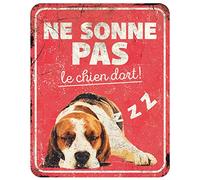 D&D Home, Panel de Aversión Atención al Perro, 25x20x0,3 cm, Versión francesa, Fondo Rojo, Señal de advertencia de metal resistente al óxido con texto divertido