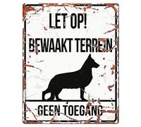 D&D Home, Panel de Avertición Atención al Perro, 20x25 cm, Versión holandesa, Fondo Blanco, Señal de advertencia de metal resistente al óxido con texto divertido
