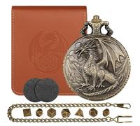 D&D - Juego de mini dados de dragón rojo con carcasa de reloj de bolsillo Steampunk de bronce Wyvern, 7 dados de metal poliédrico, regalo con bolsa de cuero, accesorios de juegos de mesa RPG, juego de