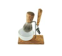 D.O.M. Juego de afeitado de 4 piezas. Afeitadora, brocha de afeitar, carcasa redonda, soporte para brocha de afeitar/brocha de afeitar.