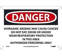 D32A Señal de percha de marcador nacional - Inorgánico Arsenic May Cause Cancer Do Not Eat, Drink or Smoke Wear Respiratory Protection 7" x 10", 040 ALUM