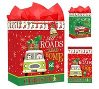 D4DREAM Bolsas de regalo de Navidad con papel de seda y tarjeta de felicitación de 11.5 pulgadas para todos los caminos, bolsas de regalo de Navidad para regalos, bolsas de papel reutilizables con asa