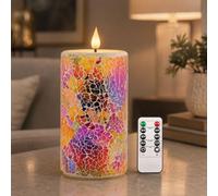 Da by 1 vela LED de mosaico hecha a mano, multicolor, rojo, lila, naranja, patrón de cristal roto, llama parpadeante realista, cera natural y cristal, 8,3 x 18 cm, mando a distancia, reutilizable para