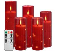 Da by Vela LED con guirnalda de luces, vela a pilas con mando a distancia y temporizador de 24 horas, vela sin llama para decoración de interiores (Rojo, juego de 5)