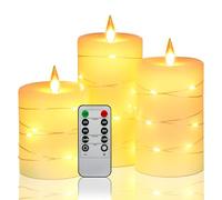 Da by Velas LED, con luces de cadena integradas, velas LED de 3 piezas, con control remoto de 10 teclas, función de temporizador de 24 horas, llama danzante, cera real, funciona con pilas.