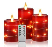 Da by Velas LED visión de 360 grados, paquete de 3 velas LED de cadena de hadas, con control remoto de 10 teclas, función de temporizador de 24 horas, llama danzante(Rojo).
