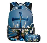 Da rienda suelta a la creatividad y funcionalidad con este juego de 2 mochilas escolares para niños, niñas y adolescentes, cruz azul de Pascua, multicolor, B：29.4x20x40cm P：19x7.5x3.8cm, Mochilas de