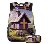 Da rienda suelta a su estilo con el juego de 2 mochilas escolares para niños, mochila y estuche, color morado con cruz de Pascua, multicolor, B：29.4x20x40cm P：19x7.5x3.8cm, Mochilas de día