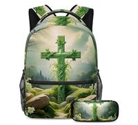 Da rienda suelta a tu estilo con el moderno juego de 2 mochilas escolares para niños, niñas y adolescentes, cruz verde de Pascua, multicolor, B：29.4x20x40cm P：19x7.5x3.8cm, Mochilas de día