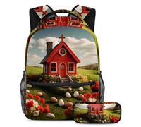 Da rienda suelta a tu estilo con este juego de 2 mochilas escolares, mochila con estuche para estudiantes, casa de cruz roja de Pascua, multicolor, B：29.4x20x40cm P：19x7.5x3.8cm, Mochilas de día
