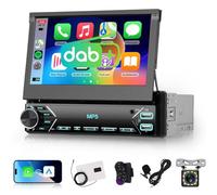 Dab 1 DIN Radio Coche con Pantalla Retráctil de 7 Pulgadas, Hodozzy Pantalla Táctil Plegable con CarPlay Android Auto Mirrorlink Inalámbrico, Bluetooth EQ USB, Radio FM, Type-C, SWC, Cámara y Mic