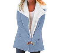 DABAOK Abrigo de invierno de manga larga con bolsillo sólido y botón para mujer, abrigo con capucha de punto, abrigo de felpa de talla grande, azul claro, 4XL