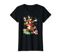 Dabbing Rudolph el Reno de Nariz roja Divertido Festivo Camiseta gráfica económica, Mujer, Negro, XS
