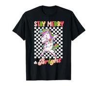 Dabbing Unicorn Stay Merry and Bright Christmas Groovy Xmas Camiseta gráfica económica