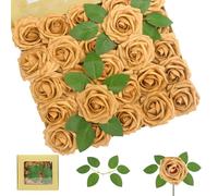 DabbOo 25 Rosas Artificiales Doradas en Caja con Hojas 7.5 cm Diámetro 20 cm Tallo para Bodas Decoración del Hogar Centro de Mesa Ramos de Novia Fiestas y Eventos Decorativos