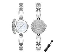 Dacdyi Elegante reloj de pulsera de cuarzo para mujer, diseño de flores de cristal, reloj de pulsera de lujo para mujer, esfera fritillaria oculta, resistente al agua, Plateado, Vestido