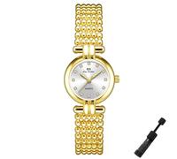 Dacdyi Elegante reloj de pulsera pequeño para mujer, relojes dorados de lujo, impermeable, de cuarzo, herramienta de ajuste incluida, Dorado-Blanco