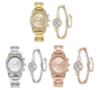Dacdyi Juego de 3 relojes y pulseras elegantes de diamantes para mujer, esfera redonda clásica, bisel de oro, analógico, de cuarzo, para mujer, Dorado