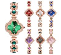 Dacdyi Juego de 7 elegantes relojes dorados para mujer, esfera de trébol de cuatro hojas con cristales y piedras preciosas, elegante reloj de cuarzo para mujer, reloj de pulsera colorido al por mayor