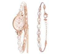 Dacdyi Reloj de pulsera analógico de cuarzo para mujer y niña, con esfera ovalada, correa de perla, conjunto de joyas, Oro Rosa, Elegante